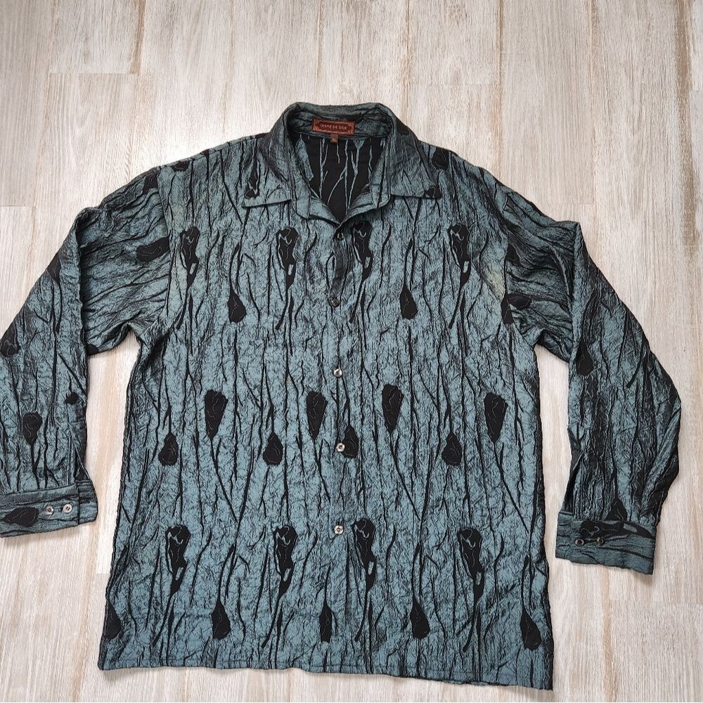 VTG Creme De Silk Crinkle Shirt Button Up Silk Blend Blue Black Floral Sz XL